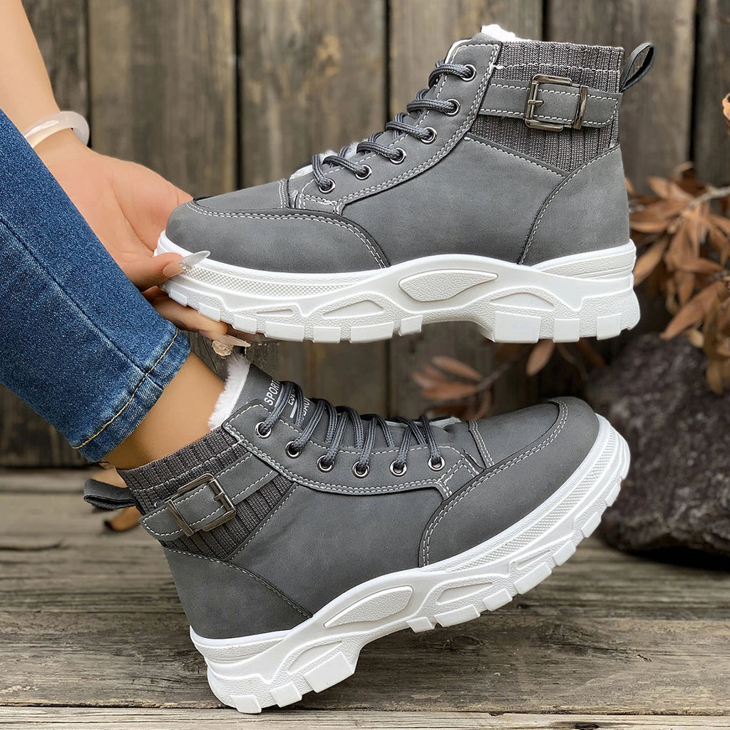 Winter Students Flat Boots Walking Pure Color Lace-up Boots Shoes Casual Sports Shoes Women Warm Boots Mid Heels Shoes Zpaxo