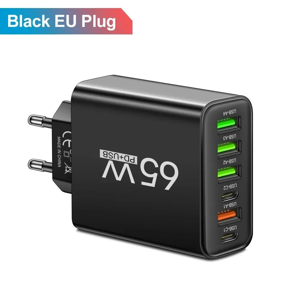 65W USB Charger Fast Charging Adapter for Xiaomi Samsung Huawei P70 iPhone Travel Mobile Phone Quick Charger Adaptor Zpaxo EU Plug Black