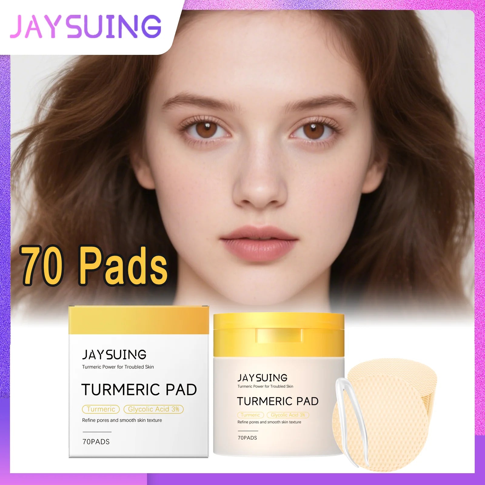 Turmeric Pore Cleansing Pads 70 Pads for Gentle Exfoliation Brightening Hydrating Facial Treatment with Glycolic Acid Perfect Zpaxo