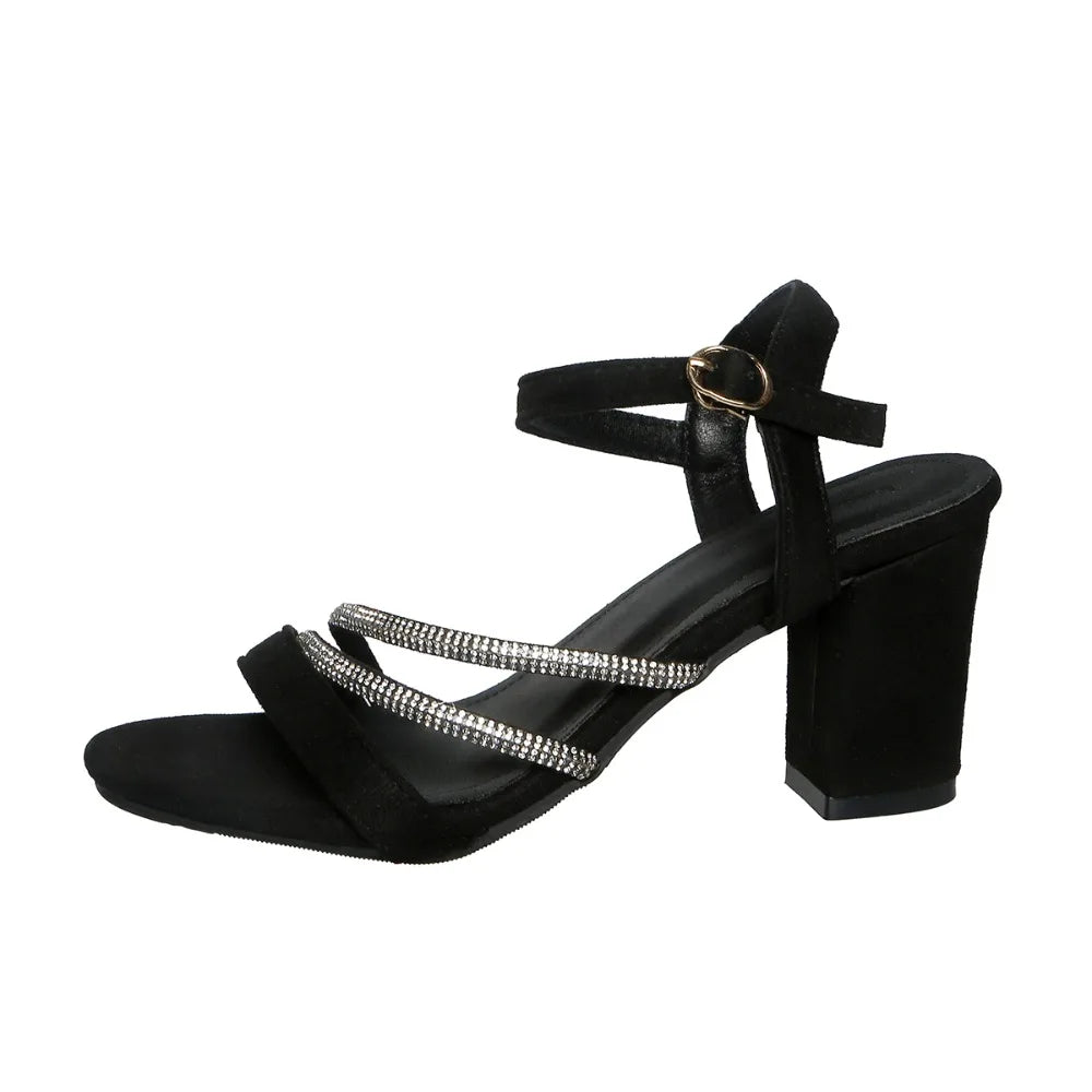 Women's Summer Heel Sandals Shiny Diamond Thick French Buckle Casual