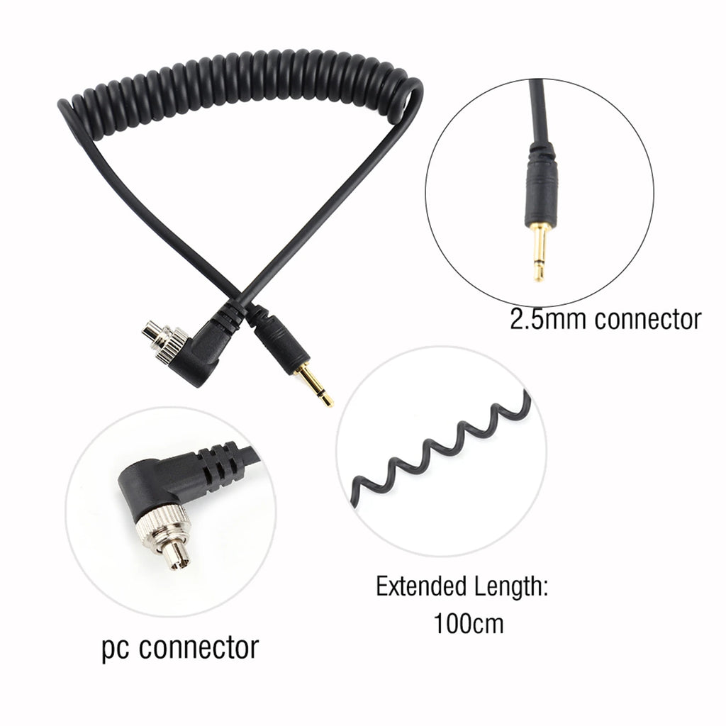 Camera Flash Sync Cable 2.5mm to Male Flash PC Sync Cable Cord with Screw Lock Extended Coiled Wire Zpaxo