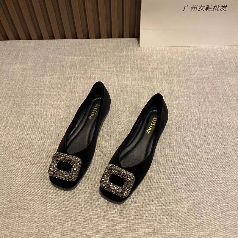 Flat Shoes for Women Spring Autumn 2025 New Rhinestone Square Toe Shallow Mouth Loafers Ladies Shoes Big Size 42 43 44 Zpaxo