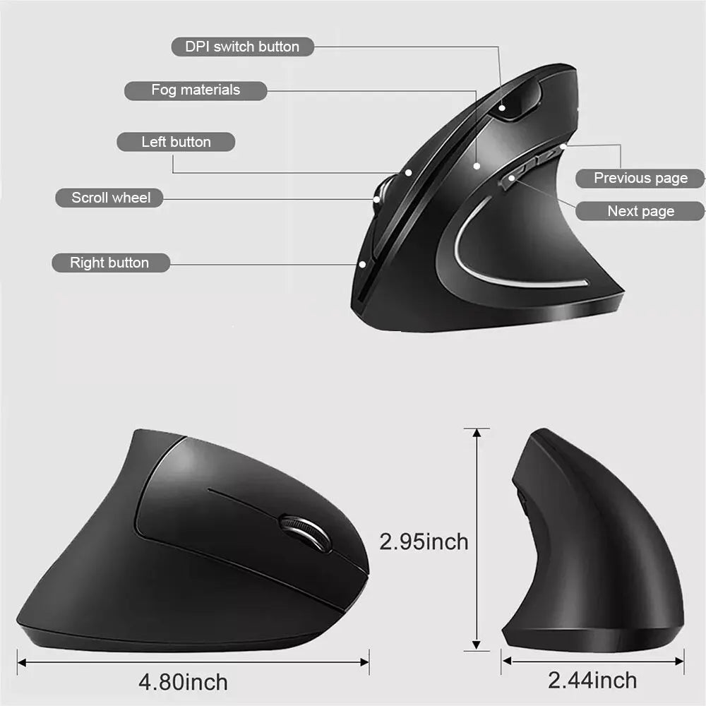 Vertical Ergonomic Recharge Wireless Mouse USB 2.4 Mice Adjustable 800/1200/1600 DPI 6 Buttons For Laptops Computer Accessories Zpaxo Black
