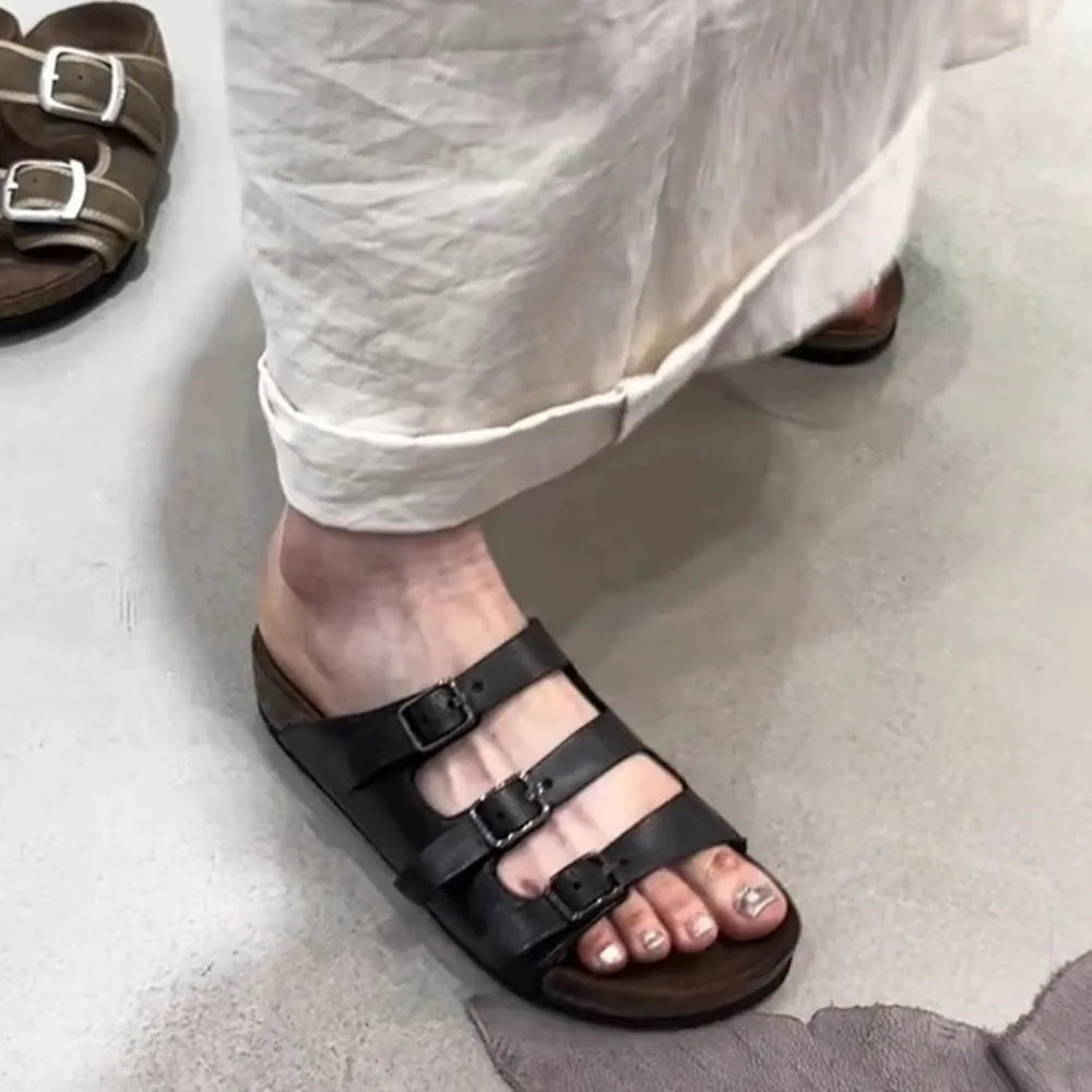 Slip-on Belt Buckle Big Head Thick Heel Slippers Women's Black Retro Genuine Leather Square Toe Slippers Zpaxo