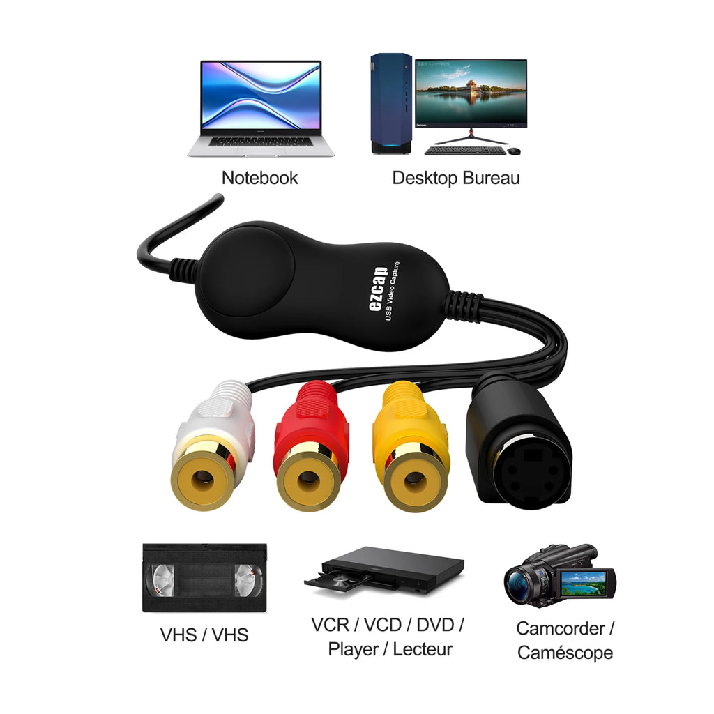 USB 2.0 UVC Video Capture Card VHS to Digital Converter Supports CVBS and S-Video Input Camcorder Game Player to PC Laptop Zpaxo