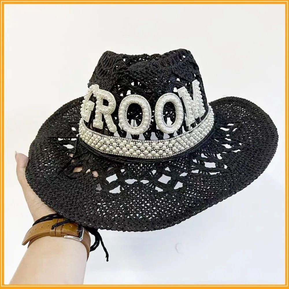 Rhinestone Letter Bride Groom Cowboy Hat Hollow Wide Brim Cowgirl Hat Crochet Western Cowboy Hat For Wedding Bachelorette Party Zpaxo GROOM