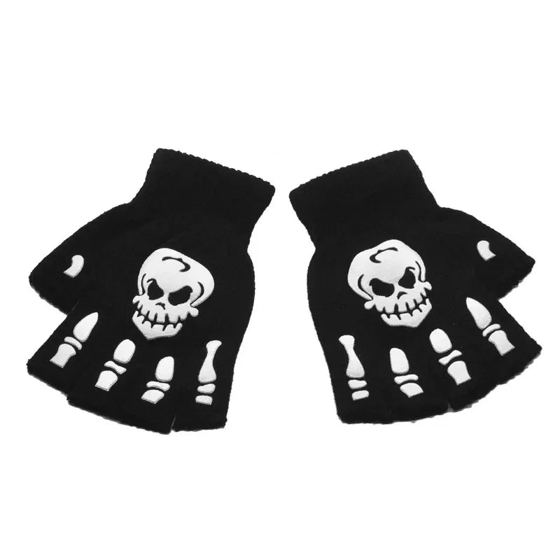 Glow-in-the-Dark Skeleton Fingerless Gloves | Halloween Mittens