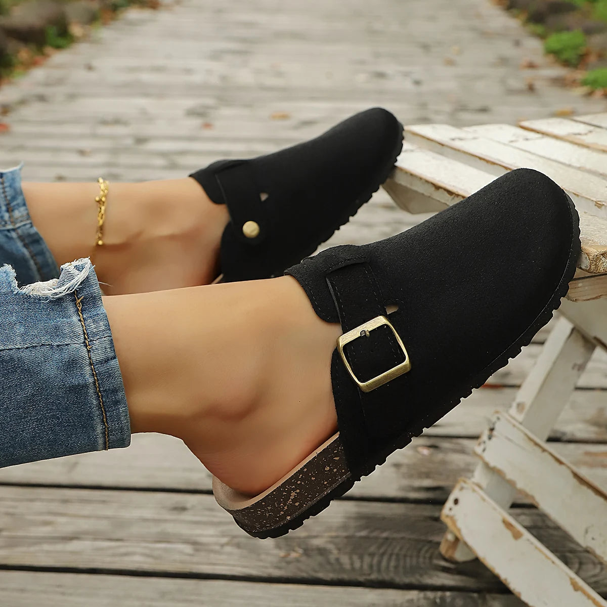 2026 Women Cork Sole Slippers Fashion Flat Mules with Buckle Shoes Women Beach Platform Sandals Lightweight Baotou Slides Women Zpaxo