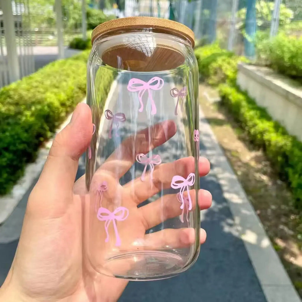 Bow Shape Glass Cup Lid Straw Cute Aesthetic Drinkware Iced Coffee