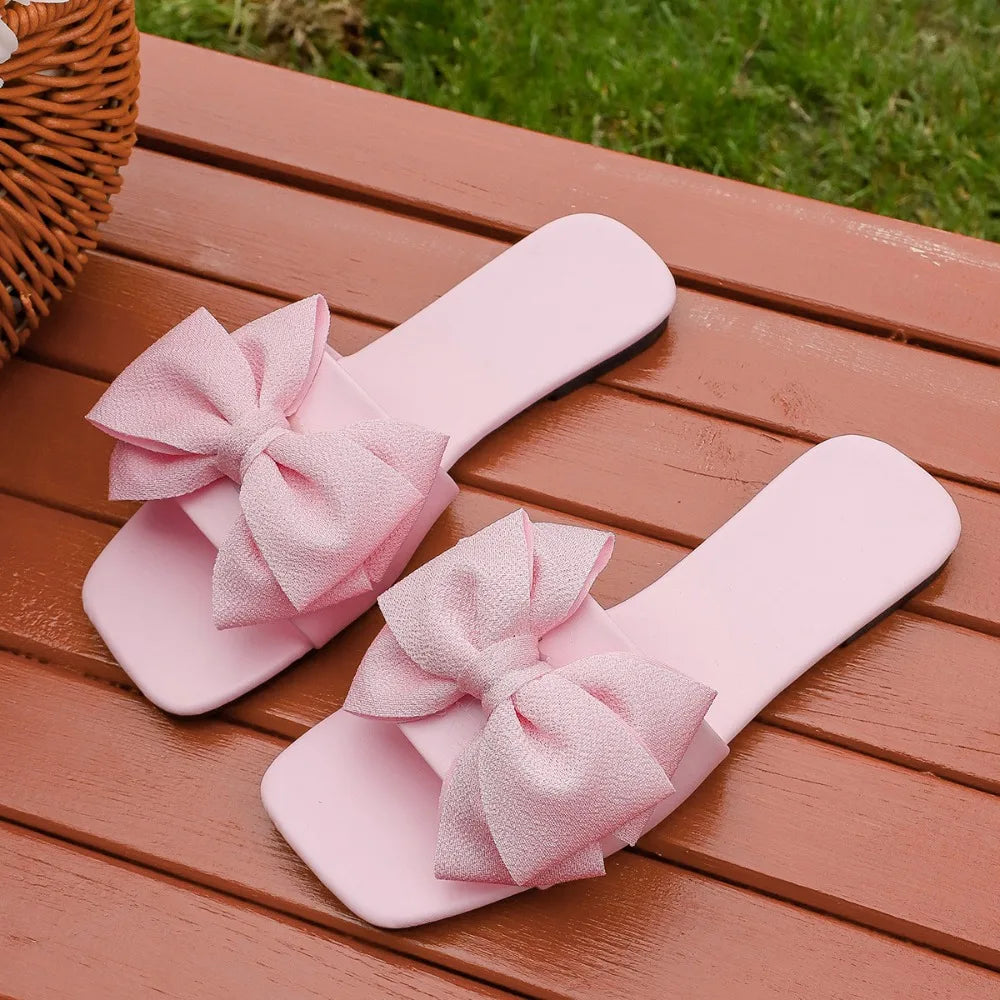 Women's Solid Flat Slippers 2026 Summer Fashion Bow Design Sandals