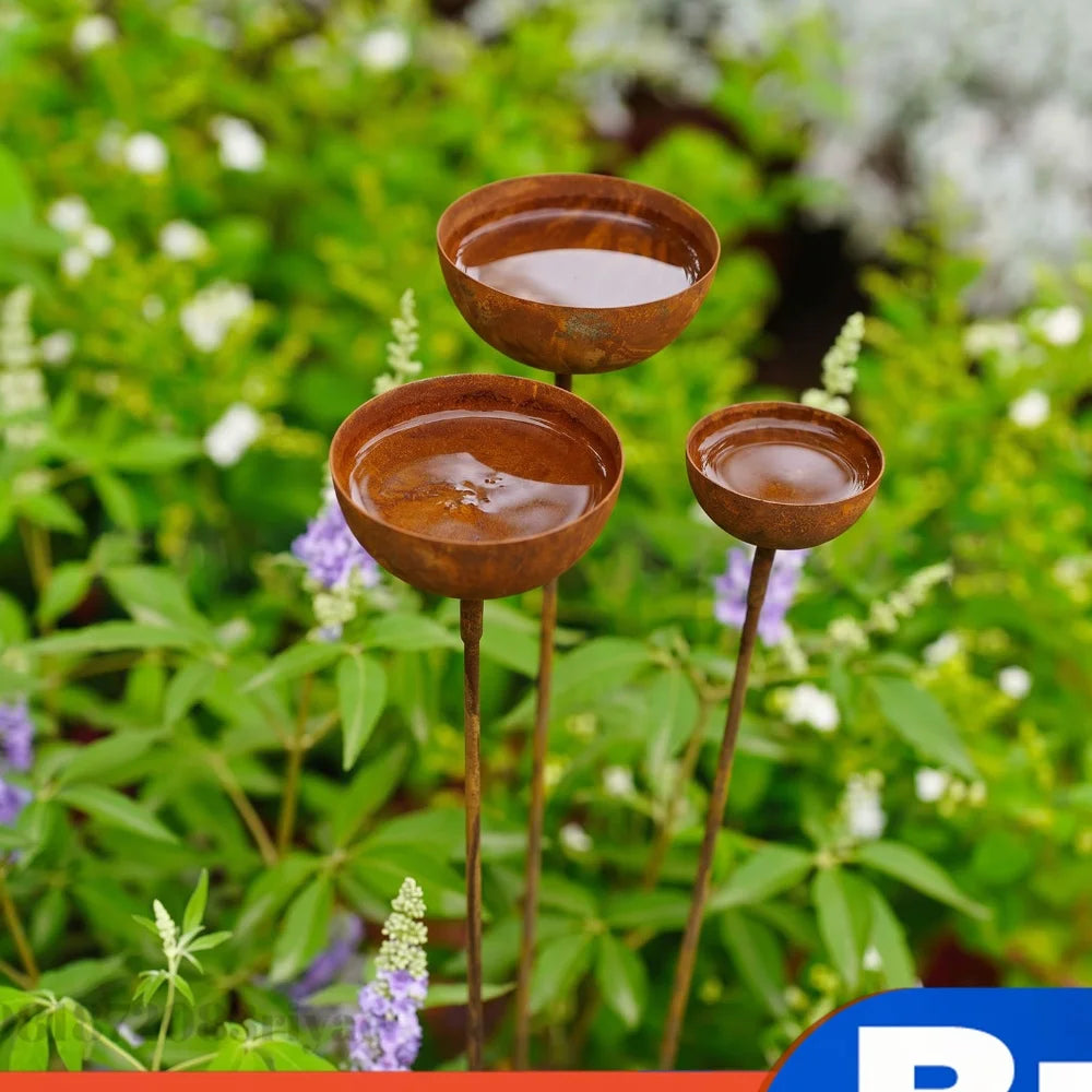 Rusty Adjustable Metal Bird Feeder Ground Stake Rain Catcher Baths