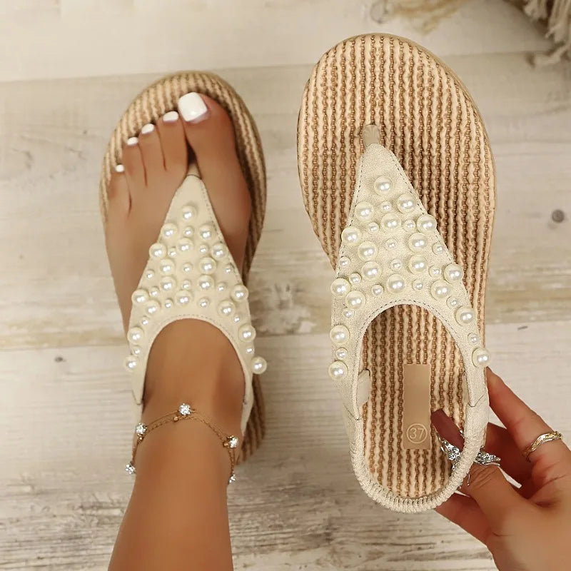 Women's Fish Mouth Clip-toe Pearl Embellishment Sandals Women Vintage Zpaxo Beige 41