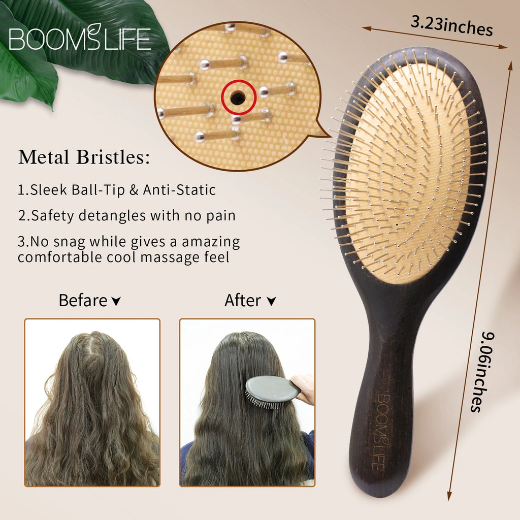 Steel Hair Brush Women Custom Name Wood Hair Brush Metal Stainless Pin Hairbrush Head Scalp Massage Comb Brosse Cheveux Femme Zpaxo