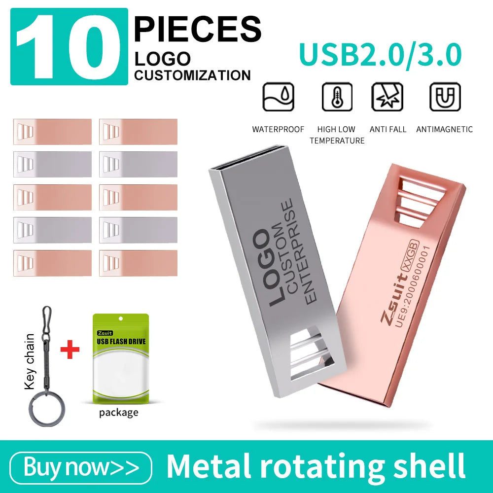 Zsuit 10PCS USB Flash Drive 16GB 32GB 64GB Pen Drive 3.0/2.0 Memory Stick 128GB Waterproof Cle custom USB Metal Pendrive Storage Zpaxo