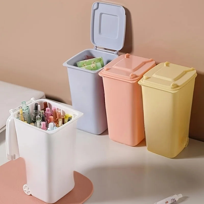 Mini Desktop Trash Can Wheels Lid Manual Lift Plastic Pen Holder