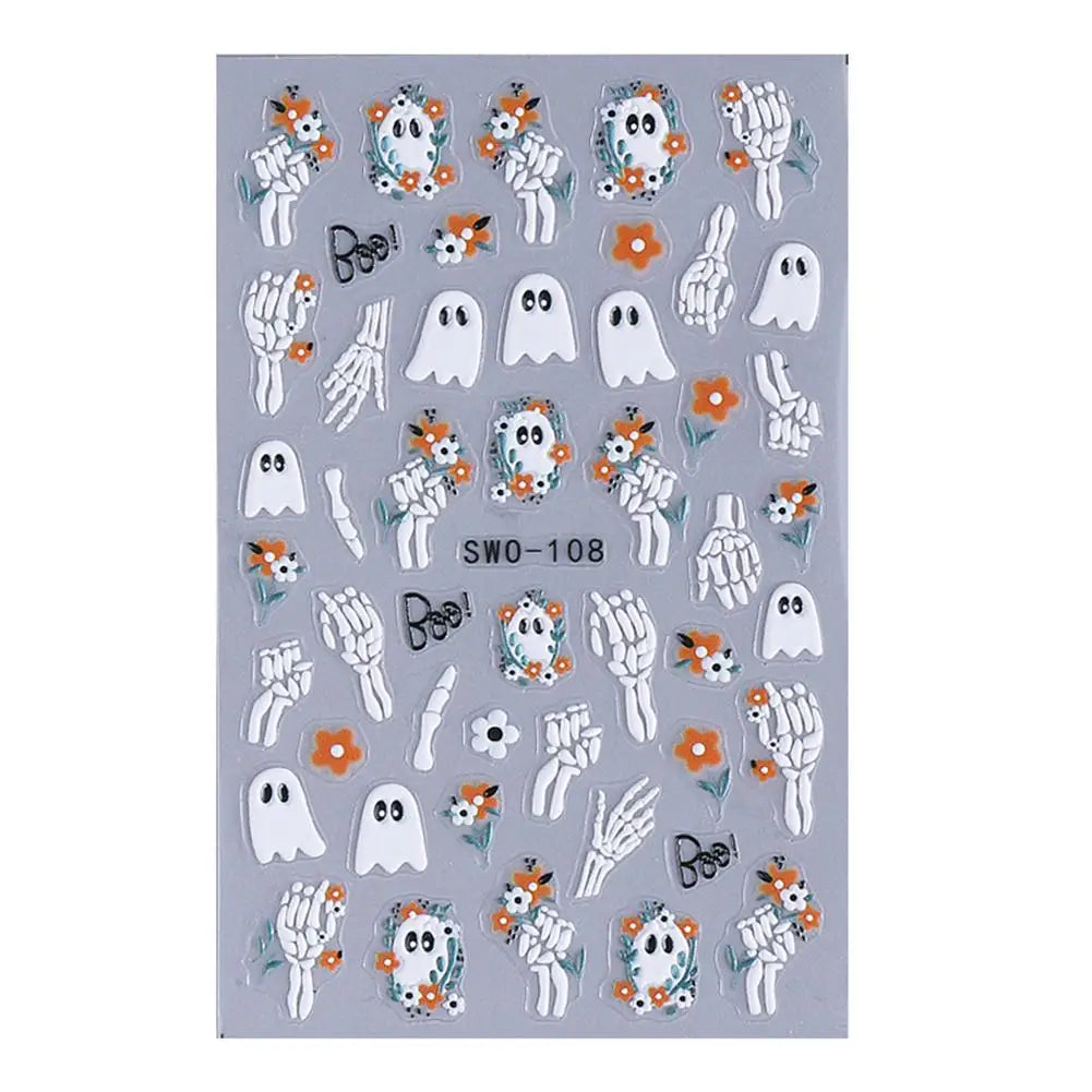 1pcs Halloween Nail Stickers Pumpkin Ghost Spider Skull Design Cute Adhesive Slider Decals DIY Manicure Decor Zpaxo A