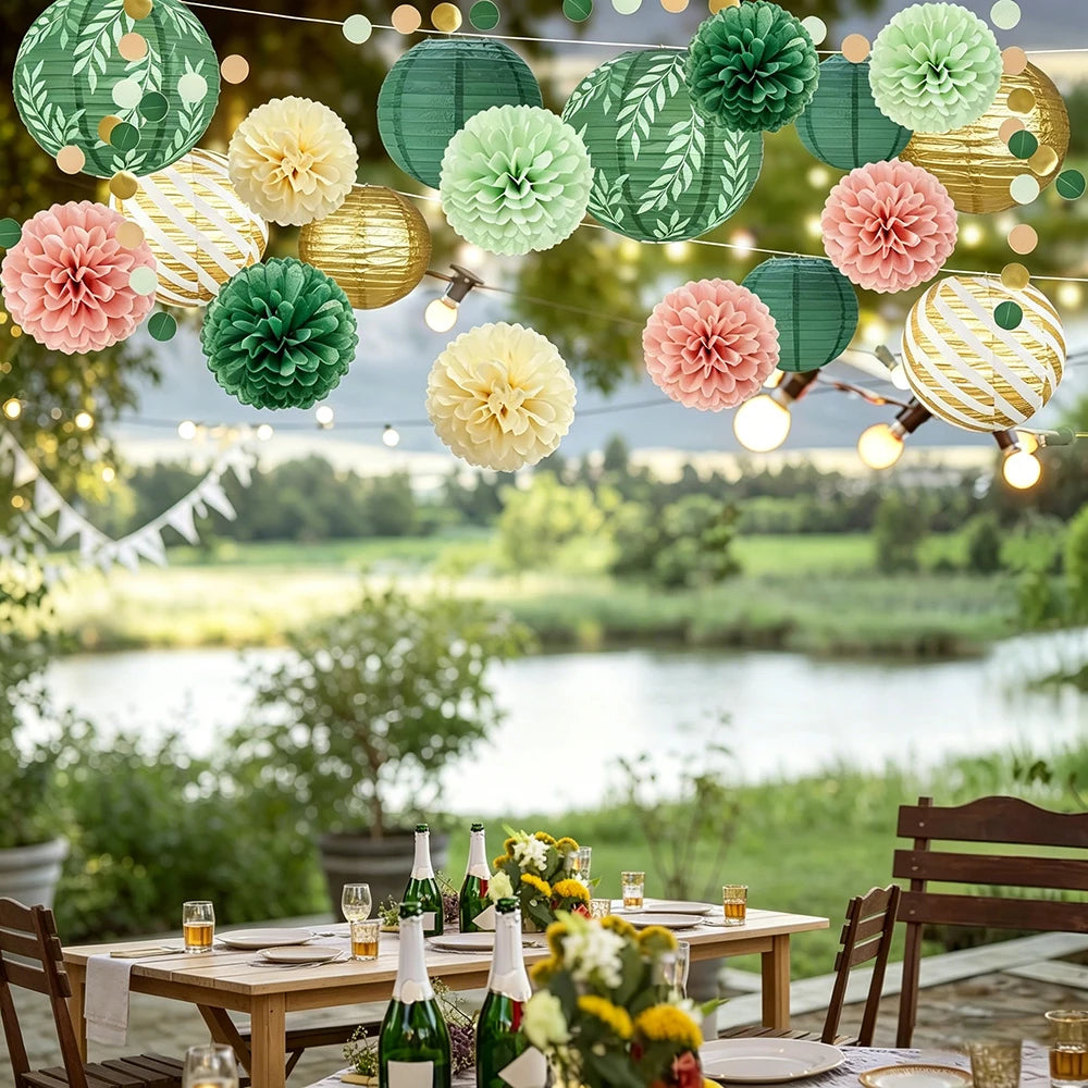 Sage Green Hanging Paper Lantern Tissue Pom Poms Party Decoration