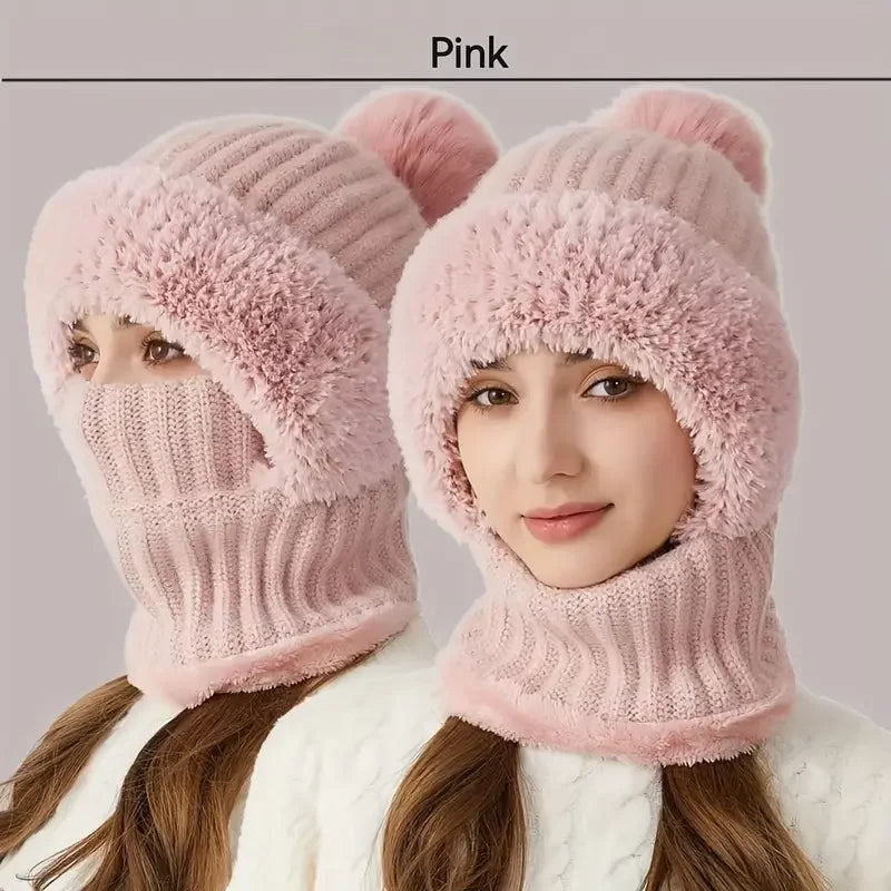 Winter Fleece-lined Knit Hat Ear Protection Windproof Integrated Hood