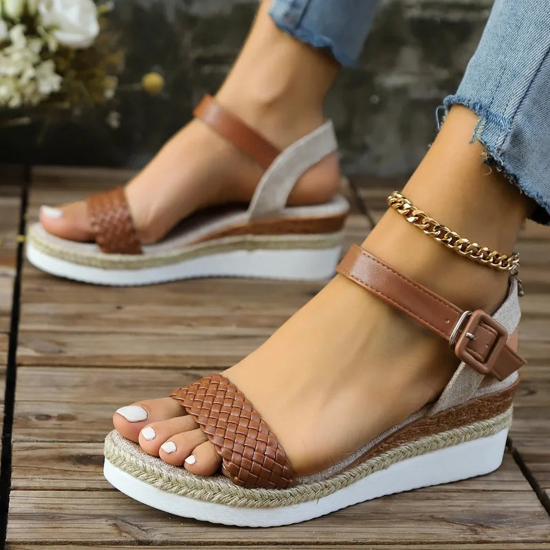 Woven Ankle Strap Wedge Heels Sandals Woman Fashion Braided Open Toe Zpaxo Brown 39