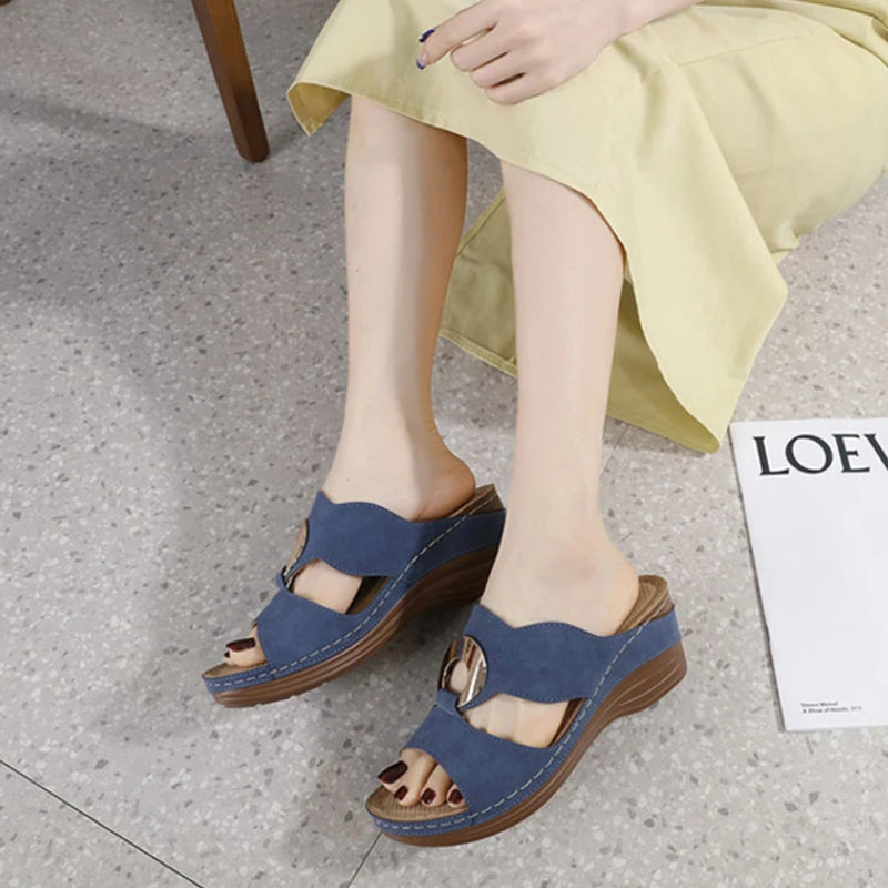 Wedge Slide Sandals Metal Ring Decor Faux Suede Upper Comfortable Zpaxo