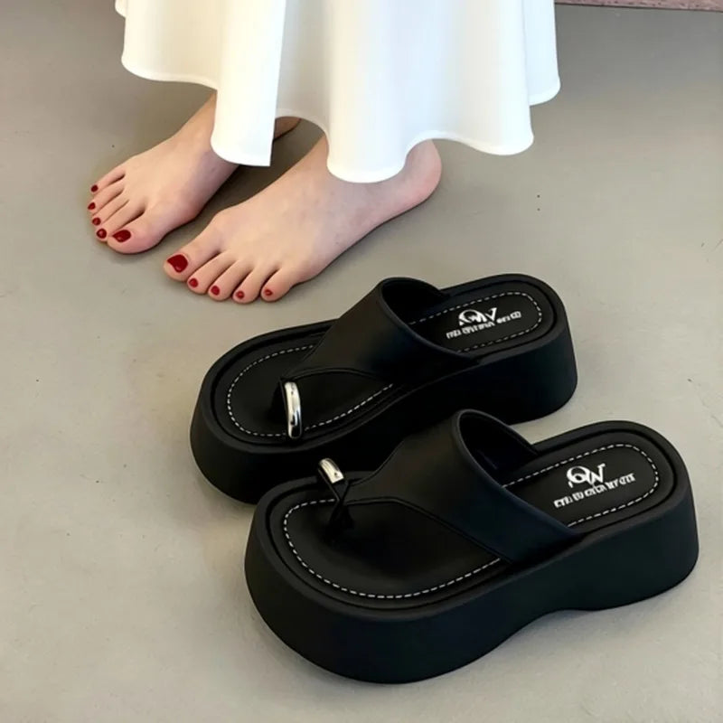Women's Fish Mouth Toe Loop Comfortable Thick Sole Slippers Summer Zpaxo black 35