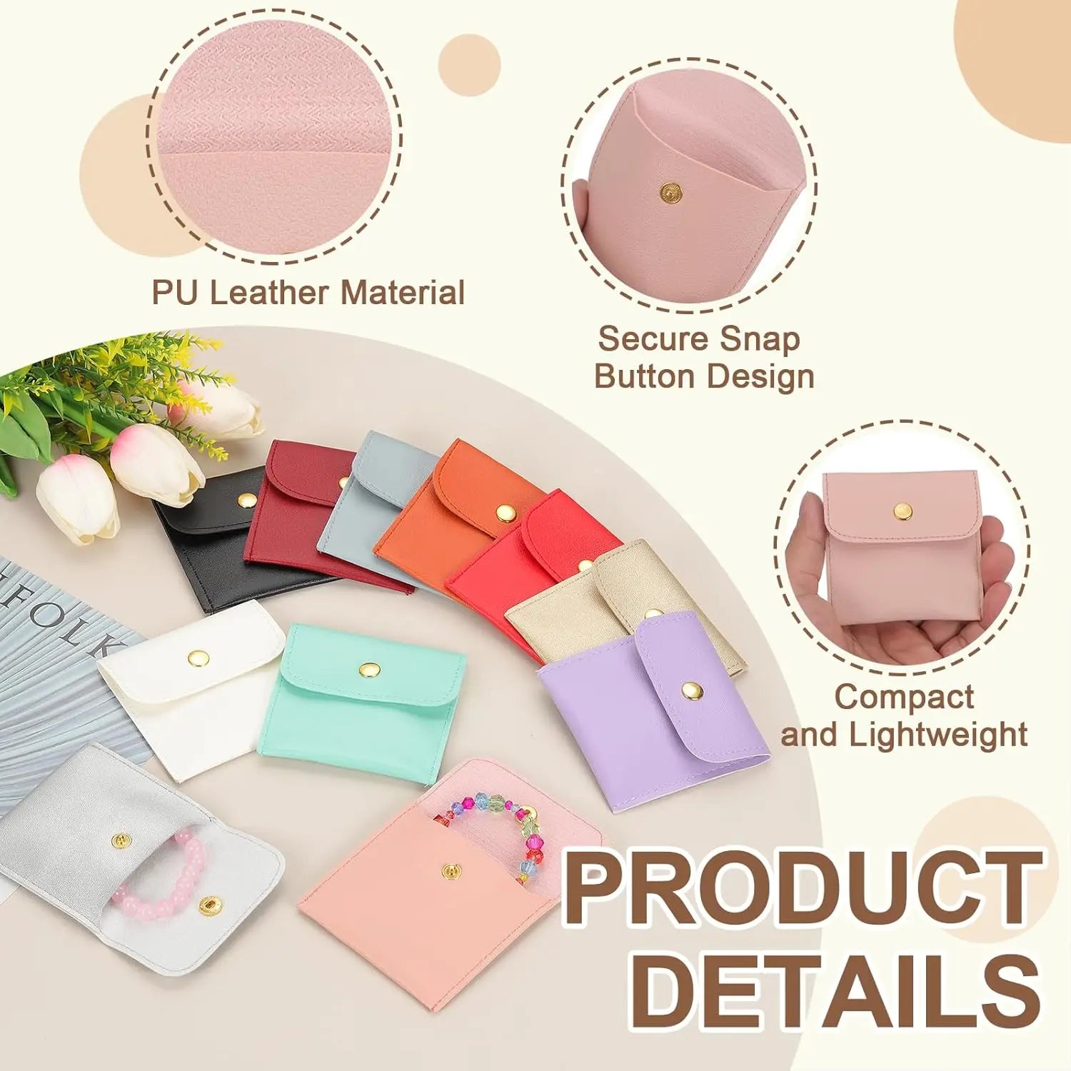 PU Leather Jewelry Pouches – Snap Button Travel Organizer 6/12 Pack