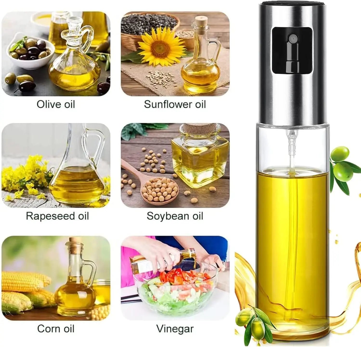 Oil Spray 100ml-Stainless Steel and Glass, Drop Resistant, Oil Dispenser with Accessories, Salad, Vinegar-Air Fryer Zpaxo