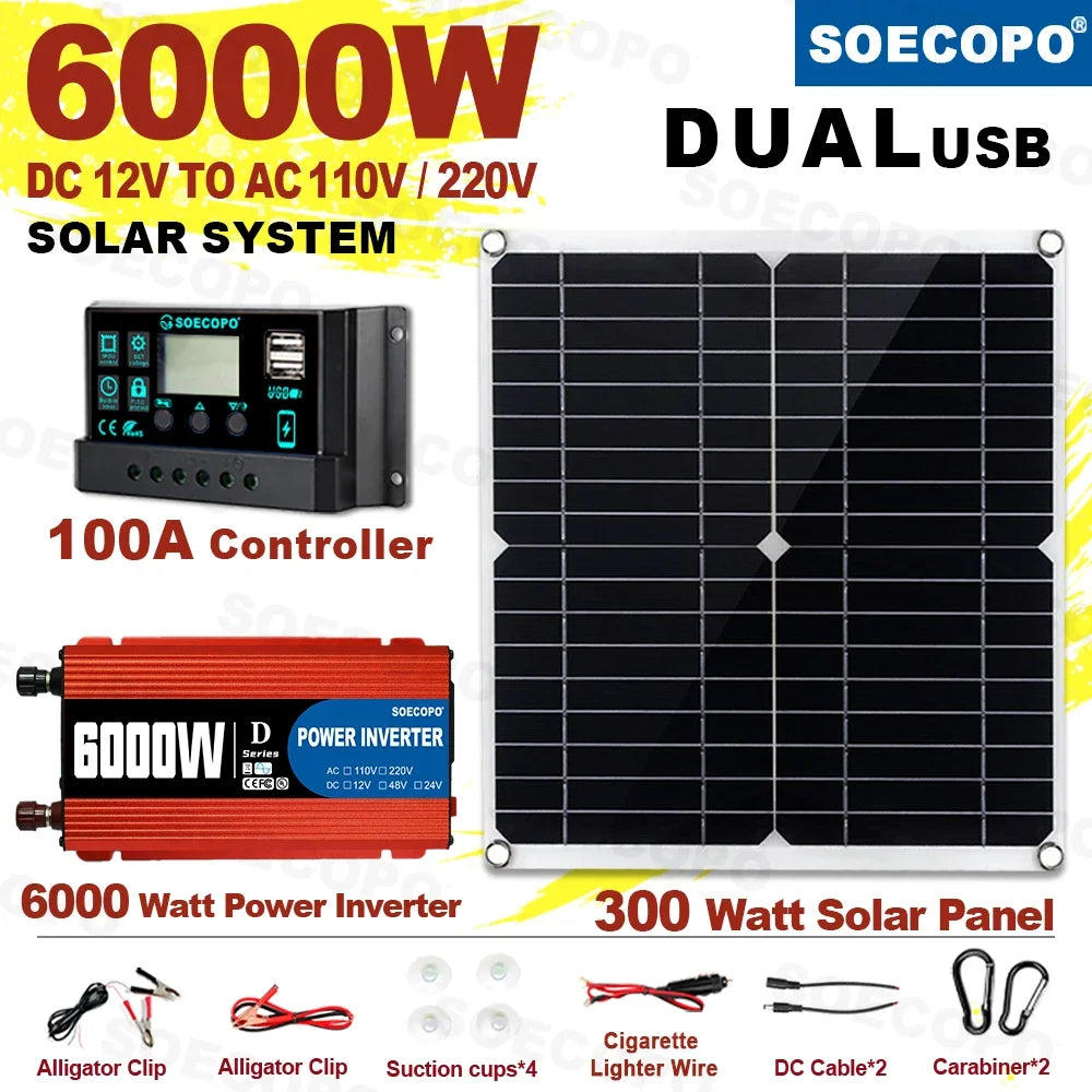 Upgrade 6000W Complete Solar Kit 100A Controller 300W Mono Panel 12V-110/220V Inverter & Mounting Accessories for Off-Grid Power Zpaxo