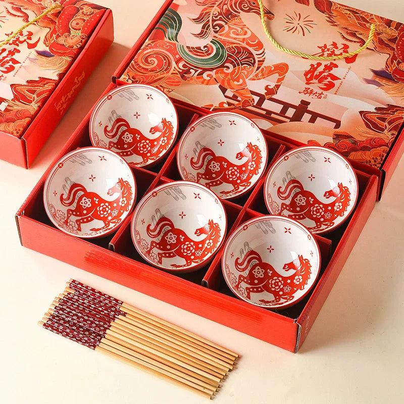 Year Horse Ceramic Bowls Chopsticks Year's Souvenir Zpaxo
