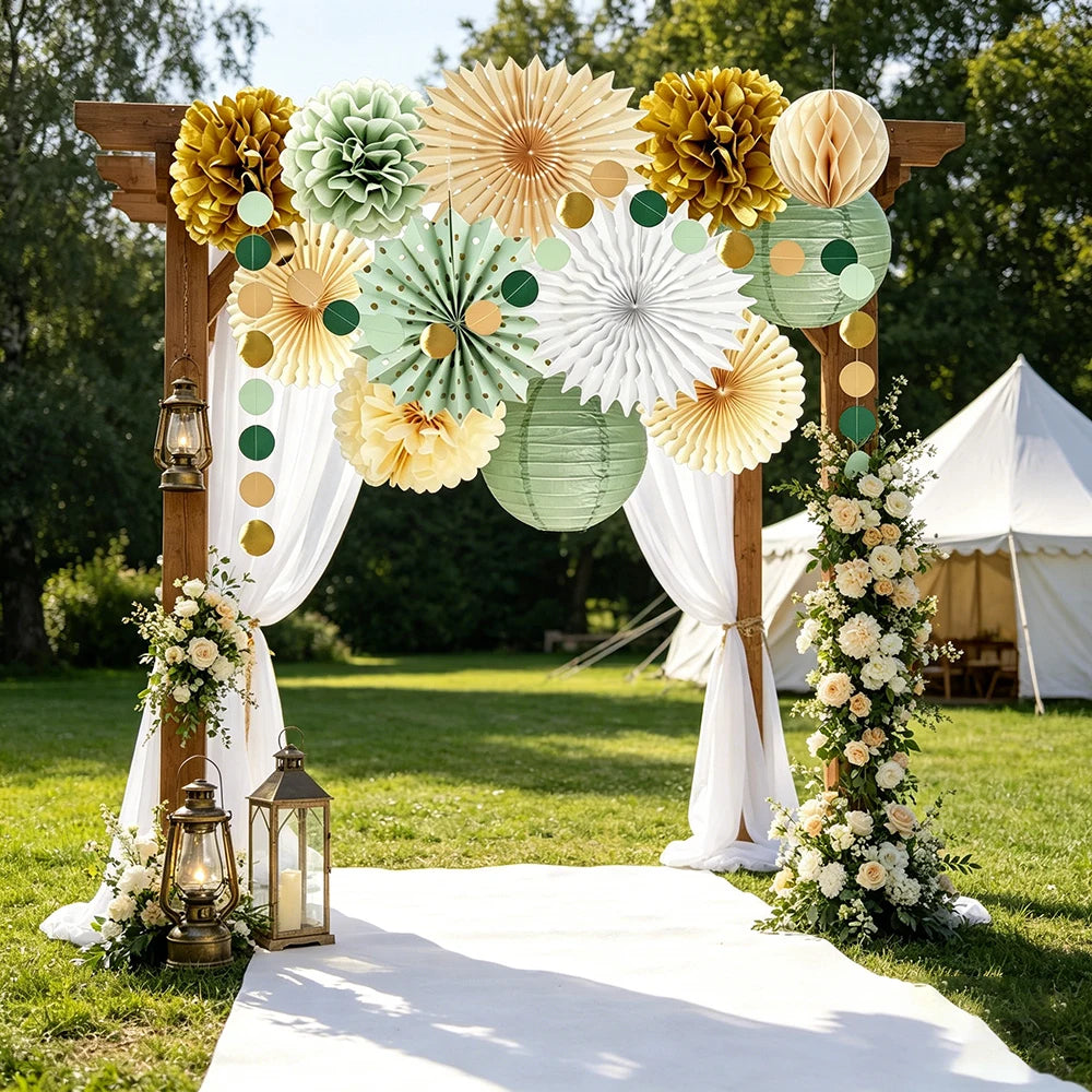 Sage Green Paper Lantern Fans Pom Poms Flowers Hanging Decorations