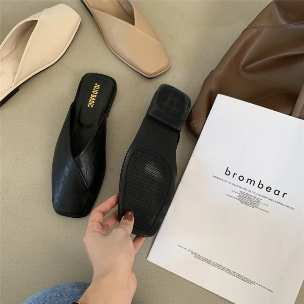 Women Mules 2025 Summer Elegant Square Closed Toe Flat Slippers