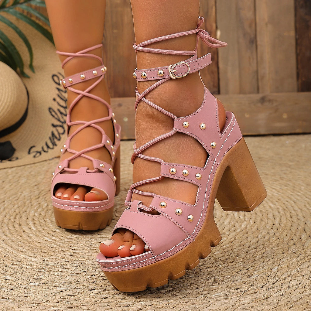 Women High Heel Sandals Punk Platform Sandals Women Summer Rivet Decor Gothic shoes Woman Plus Size High Heeled Roman Shoes Zpaxo
