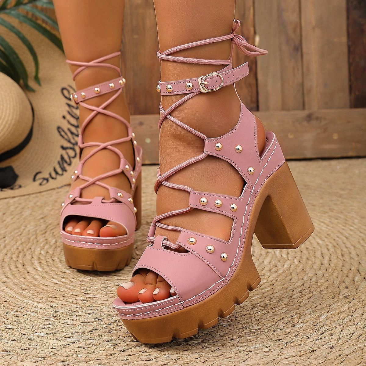 Women High Heel Sandals Punk Platform Sandals Women Summer Rivet Decor Gothic shoes Woman Plus Size High Heeled Roman Shoes Zpaxo