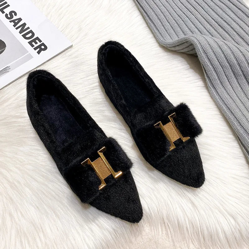 Flats Shoes for Women 2024 New Autumn Pointed Flat Mink Fur Winter Shoes Velvet Women's Loafers Ladies Shoes Plus Size 41 42 43 Zpaxo Black 41