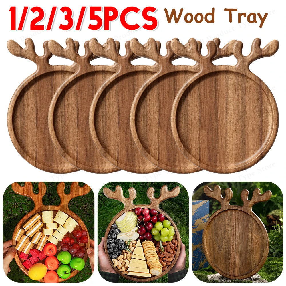 1- Christmas Wood Antler Appetizer Platter Decorative Tree Tray Plate
