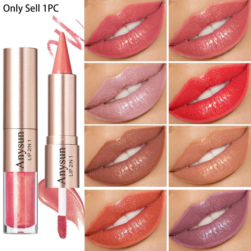 Double Head 2-in-1 Lip Liner+lip Gloss Waterproof Durable Fine Shiny