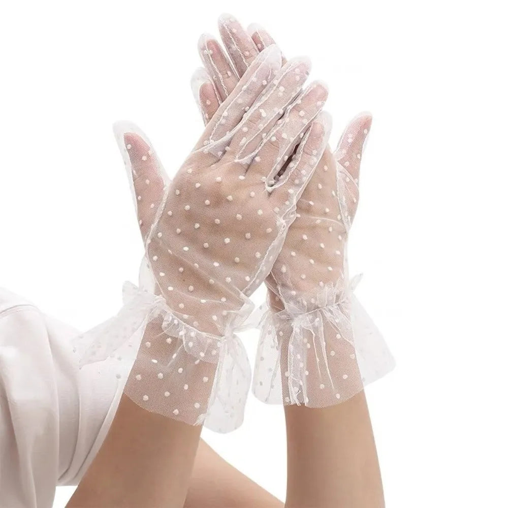 Fashion Ultra Thin Tulle Polka Dot Gloves Full Finger Breathable Lace Mesh Gloves Transparent Wedding Party Mittens UV Sunscreen Zpaxo
