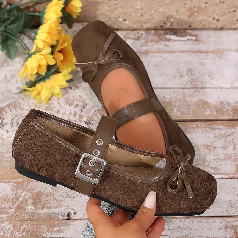Square Closed Toe One-word Buckle Strap Solid Bow Embellishment Zpaxo