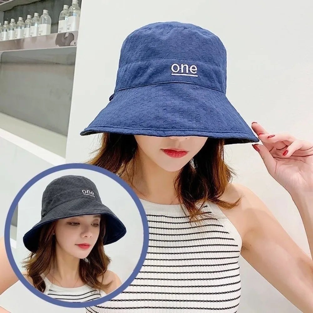 Fashion Double-Sided Bucket Hat Large Brim Sun Protection Panama Hat Letter Embroidery Breathable Sun Hat Zpaxo Dark Blue