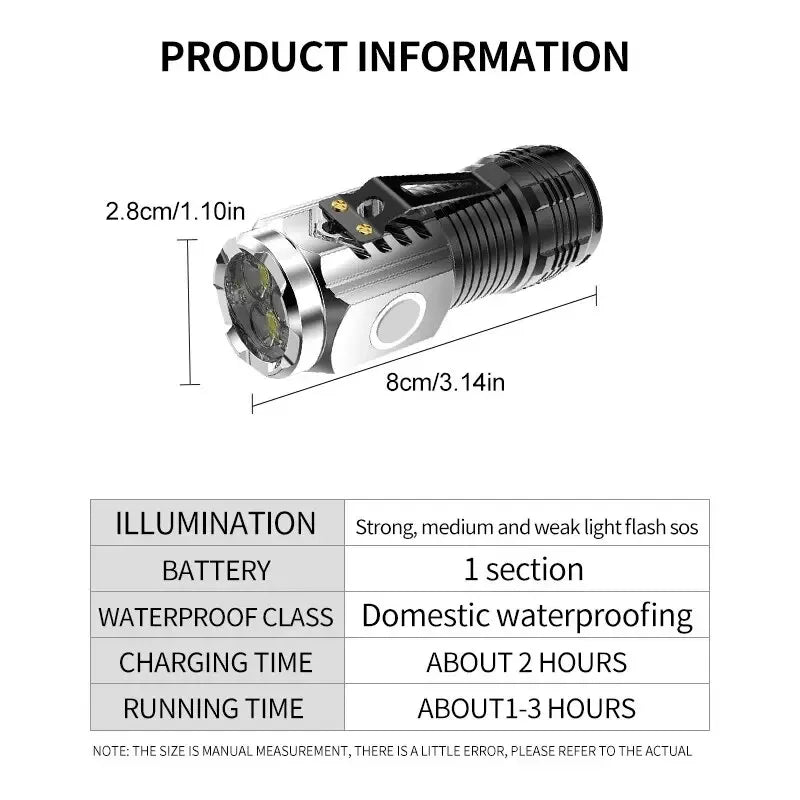 3-LED Mini Rechargeable Flashlight – Long-Range Compact Torch