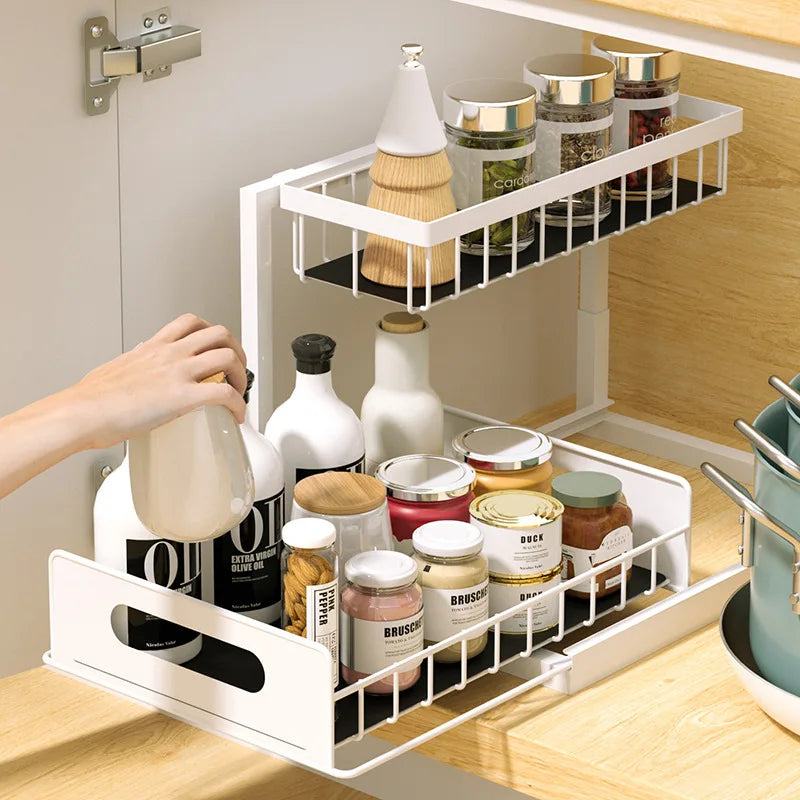 Double-Layer Pull-Out Under Sink Organizer Rack with 5 Hooks Under Sink Organizer Zpaxo WHITE