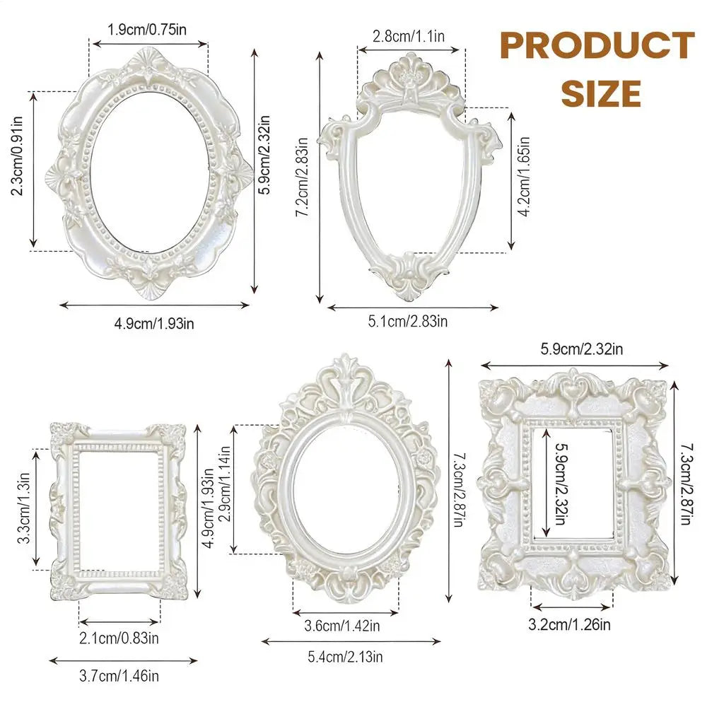 5Pcs Vintage Mini Picture Frames Elegant Golden Tone Baroque Resin Wall Mounted Display Cases Wedding Christmas Home Decor Zpaxo White