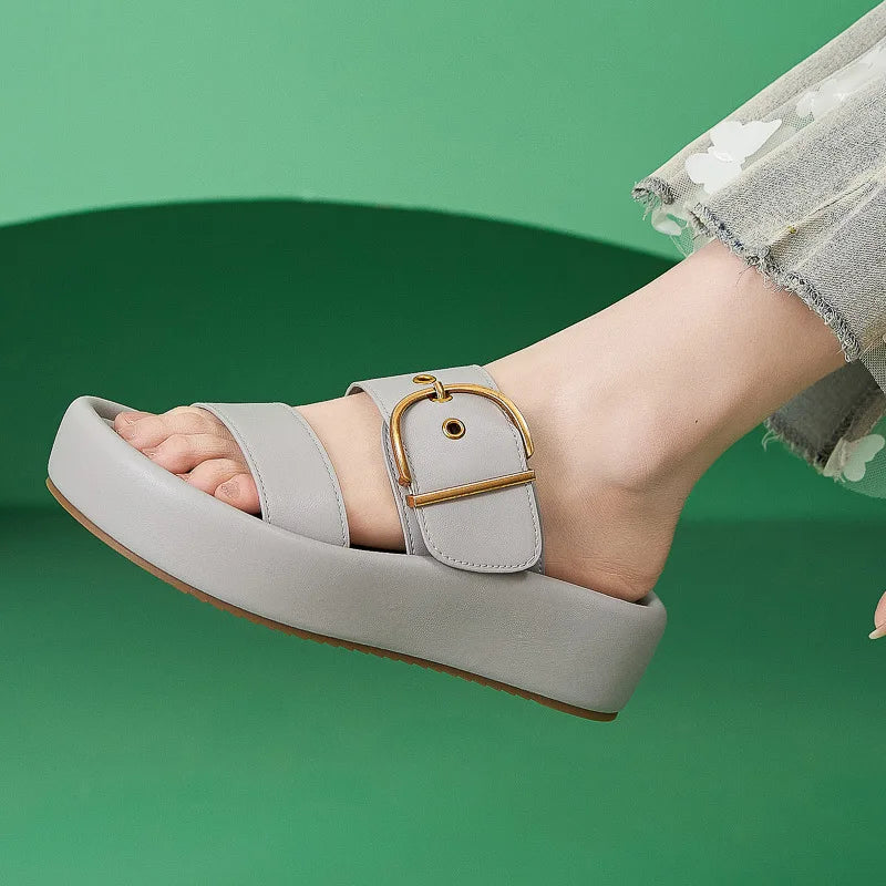 Womens Chic Platform Slide Sandals Luxe Gold Buckle Detail Double Zpaxo