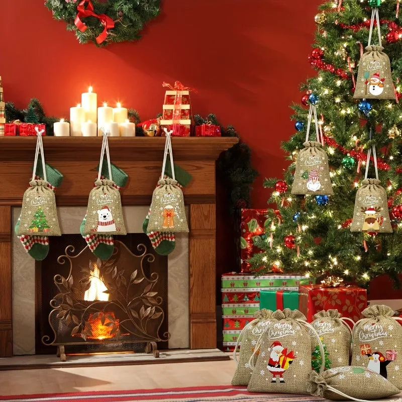Christmas Burlap Bags Drawstring Linen Sacks Reindeer Tree Designs