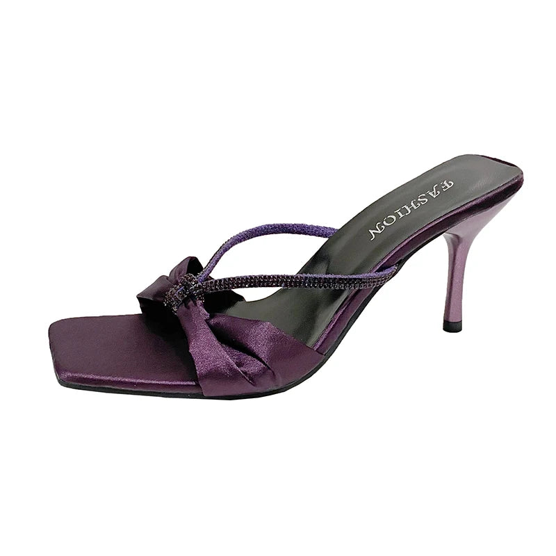 Purple Silk Strap Sandals Women's Summer Butterfly Knot Open Toe Heel Zpaxo PURPLE 35