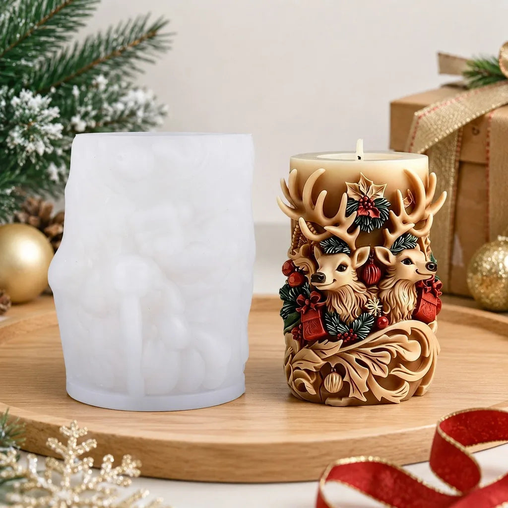 3D Double Deer Silicone Candle Mold – Christmas Cylindrical