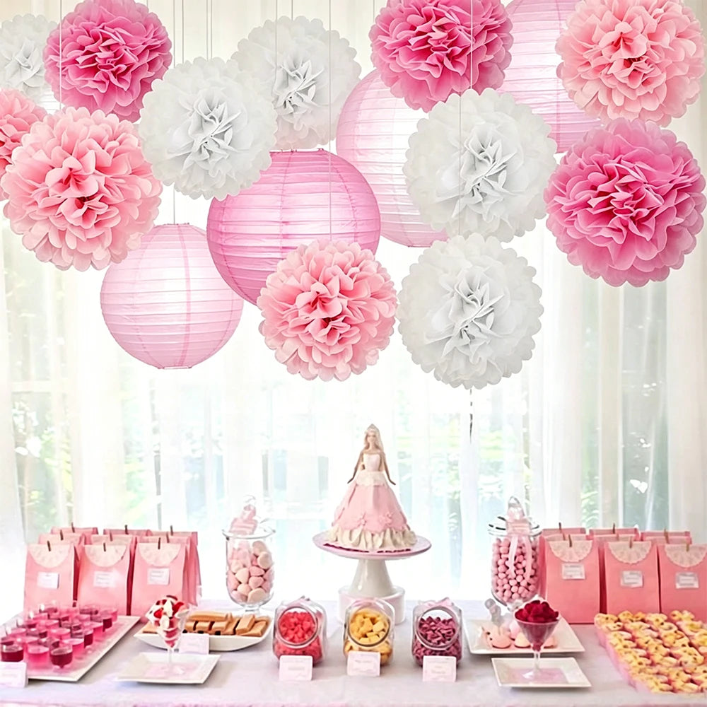 Pink White Paper Lanterns Tissue Pom Poms Bridal Shower Wedding