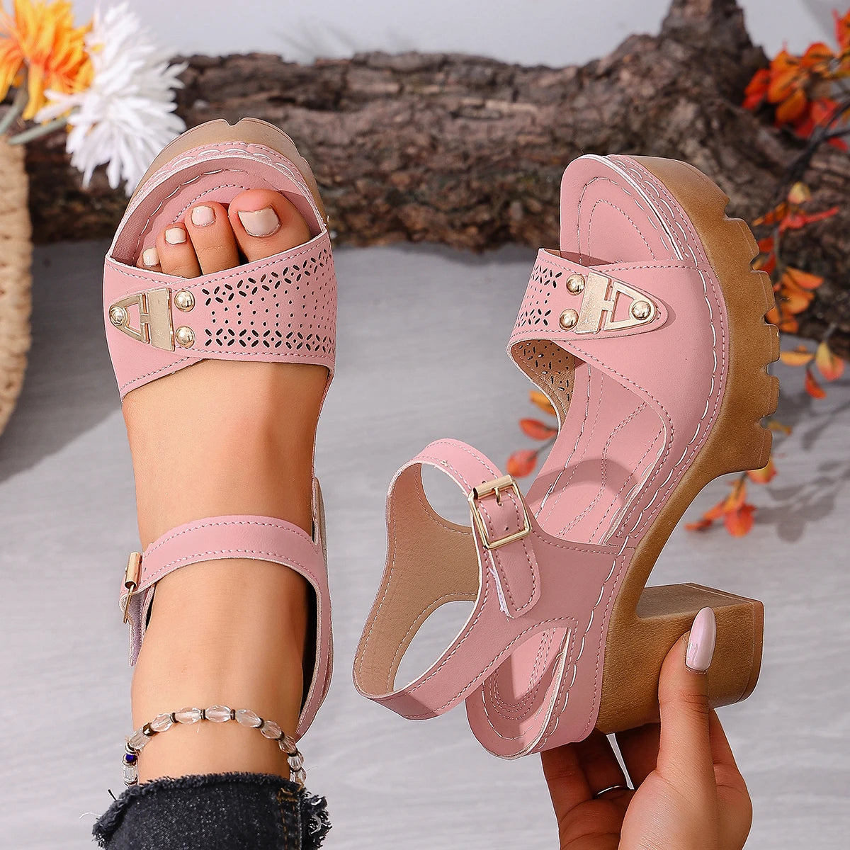 Women Chunky Heel Sandals Adjustable Buckle Strap Plus Size Shoes Solid Color One Line Fashion Sandals Women Zapatos De Mujer Zpaxo Pink 43