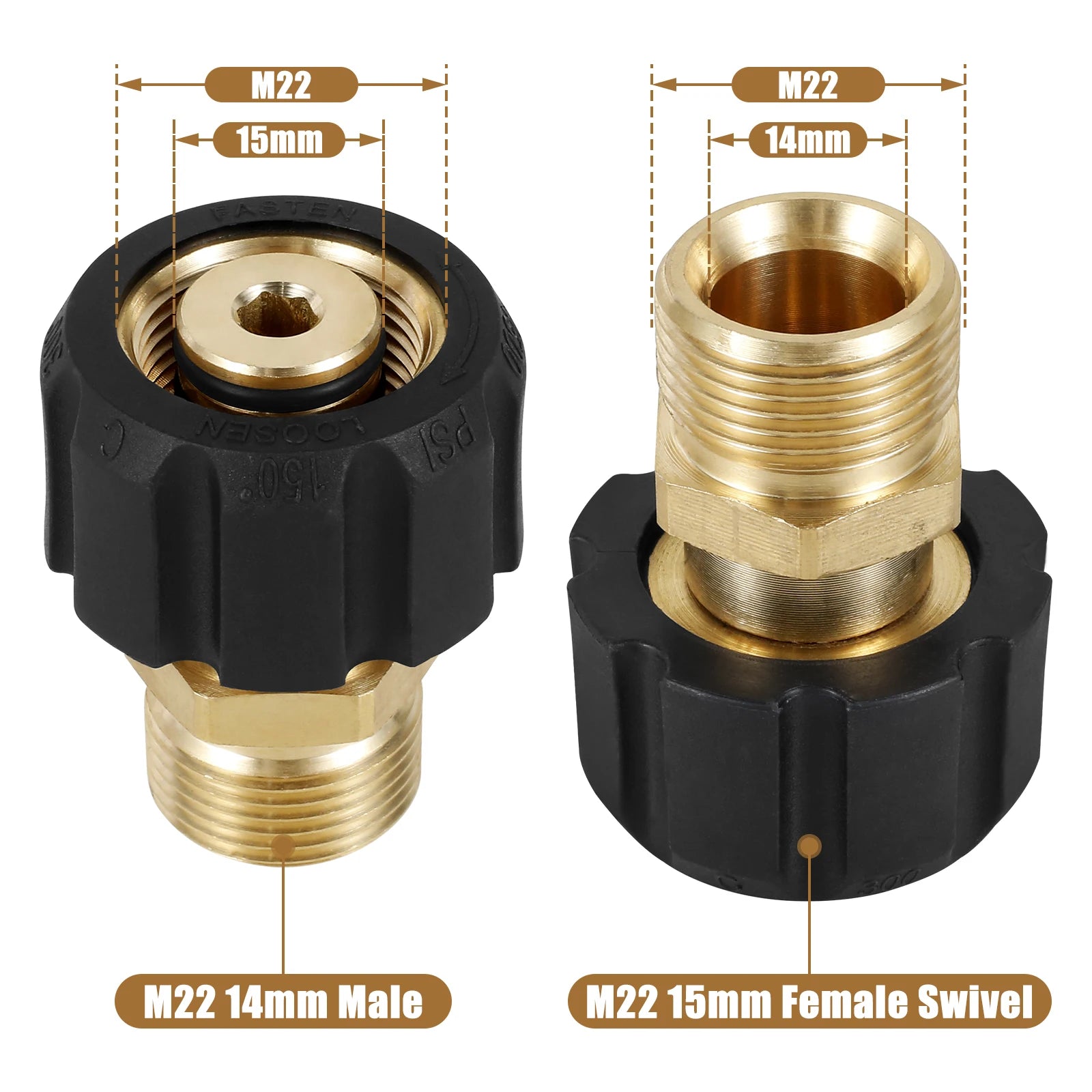 Pressure Washer Hose 5000PSI Sturdy Metal Pressure Washer Adapter Brass M22 15mm Female to M22 14mm Male Connect Fitting 2Pcs Zpaxo