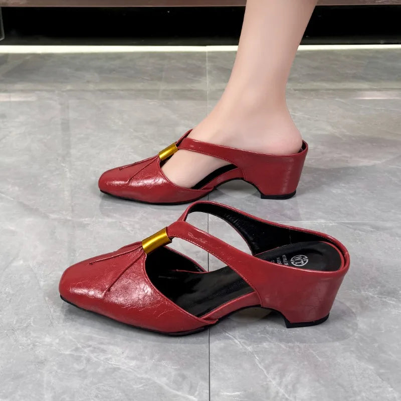 Women's Square Closed Toe Solid Vintage Wedge Heel Slippers Women Zpaxo